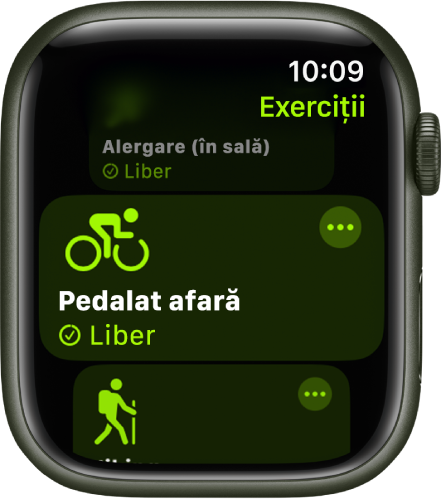 Ecranul Exerciții cu exercițiul Ciclism (afară) evidențiat.