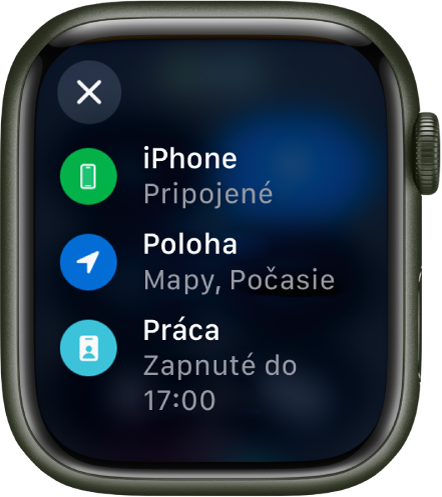 Zobrazenie stavu v Ovládacom centre. iPhone je pripojený, apky Mapy a Počasie používajú údaje o polohe a do 17:00 je zapnutý režim Môj čas na prácu.