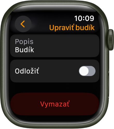 Obrazovka Upraviť budík s tlačidlom Vymazať v spodnej časti.