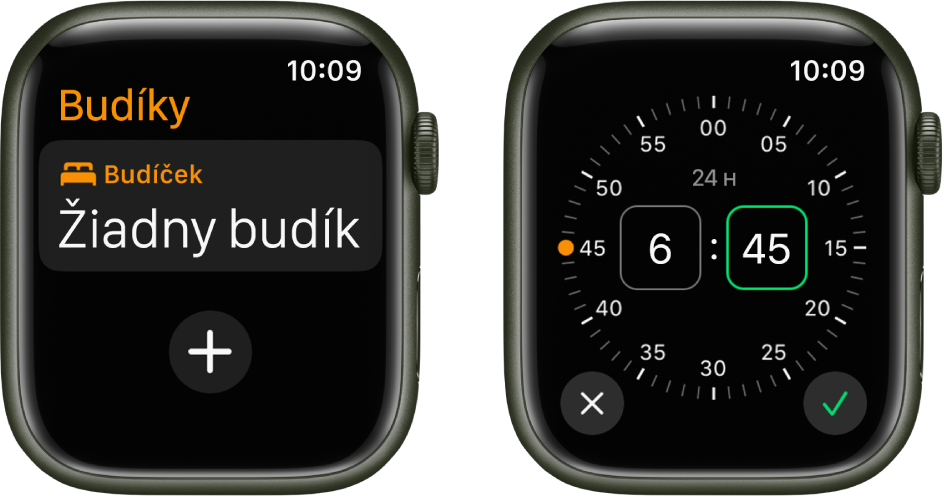 Dve obrazovky hodiniek zobrazujúcich proces pridania budíka: Klepnite na Pridať budík, klepnite na AM alebo PM, otočením korunky Digital Crown upravte čas a klepnite na tlačidlo so symbolom zaškrtnutia.