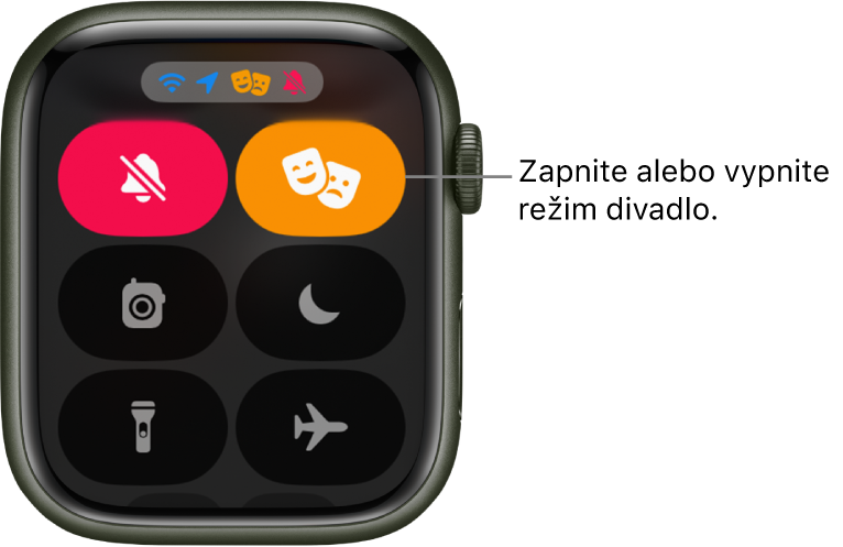Ovládacie centrum so zvýraznenými tlačidlami režimu divadlo a tichého režimu zobrazujúce zapnutý režim divadlo.