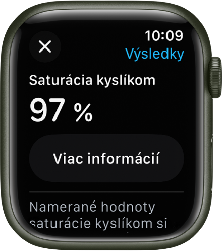 Obrazovka s výsledkami saturácie kyslíkom, na ktorej sa zobrazuje 97-percentná saturácia kyslíkom. Nižšie sa nachádza tlačidlo Viac informácií.