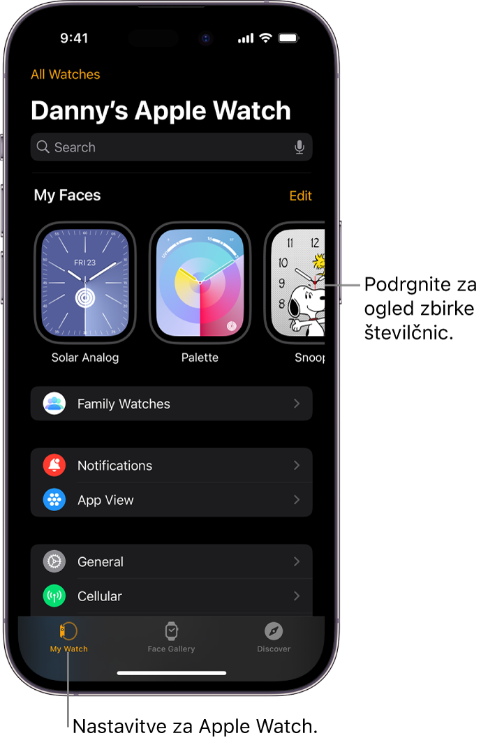 Aplikacija Apple Watch v napravi iPhone z odprtim zaslonom My Watch (Moja ura), na katerem so na vrhu številčnice in spodaj nastavitve. Na dnu zaslona aplikacije Apple Watch so trije zavihki: levi zavihek je My Watch (Moja ura), kjer najdete nastavitve za Apple Watch; naslednji je Face Gallery (Galerija številčnic), kjer lahko izberete številčnice in pripomočke, ki so na voljo; nato je Discover (Odkrij), kjer lahko izveste več o uri Apple Watch.