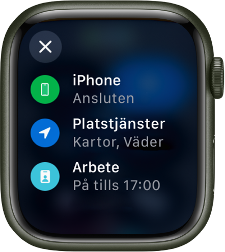 Kontrollcenterstatusar visar att iPhone är ansluten, plats används av Kartor och Väder och att fokuset Arbetar är på fram till 17:00.