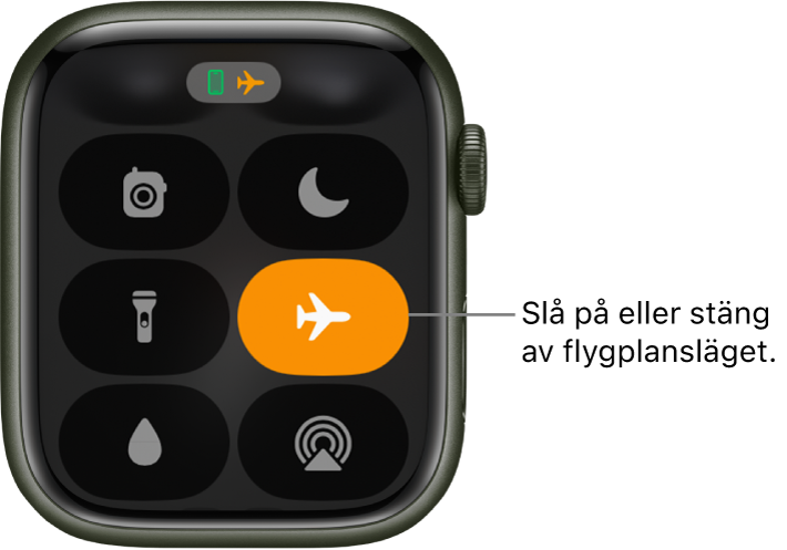 Kontrollcenter med knappen för flygplansläge markerad, vilket visar att flygplansläget är aktiverat.