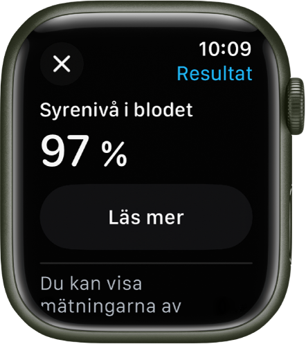 Resultatskärmen i Syrenivå i blodet med en syremättnad på 97 procent. Nedanför finns knappen Läs mer.