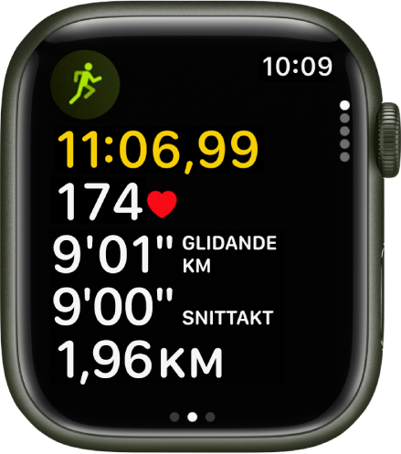 En pågående löpträning visar träningens förflutna tid, puls, glidande kilometertakt, snittakt och avverkad distans.