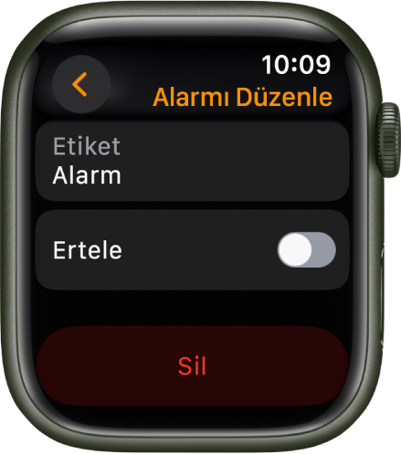Altta Sil düğmesiyle birlikte Alarm düzenleme ekranı.