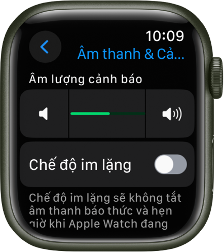 Cài đặt Âm thanh & Cảm ứng trên Apple Watch, với thanh trượt Âm lượng cảnh báo ở trên cùng và công tắc Chế độ im lặng ở bên dưới.