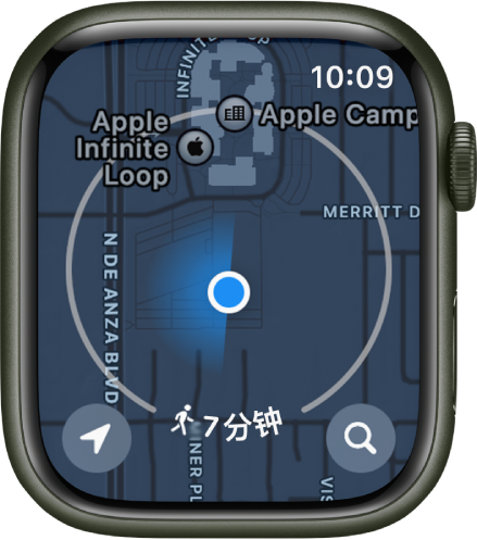 “地图” App，当前位置附近有一个圆圈，代表七分钟的步行半径。“位置”按钮位于左下方，“搜索”按钮位于右下方。