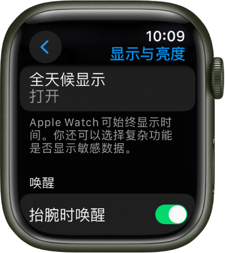 “显示与亮度”屏幕，显示“全天候显示”按钮。