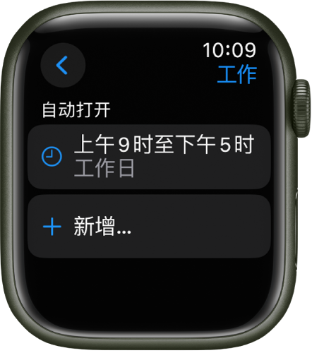 “工作”专注模式屏幕显示工作日早上 9 点至下午 5 点的排程。下方是“新增”按钮。