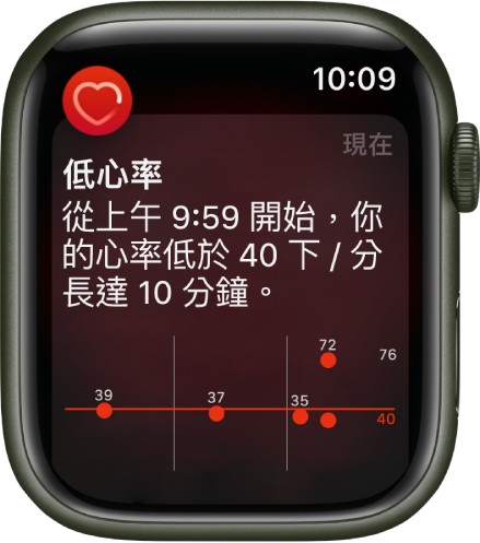 「低心率」畫面顯示你 10 分鐘內心率低於 40 BPM 的通知。