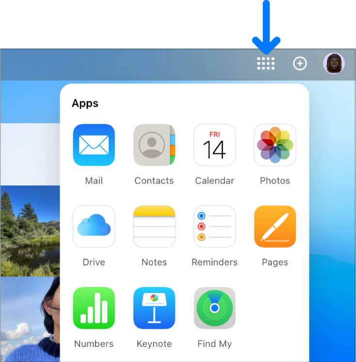 iCloudのホームページでAppランチャーが開いており、メール、連絡先、カレンダー、写真、iCloud Drive、メモ、リマインダー、Pages、Numbers、Keynote、「探す」のAppが表示されています。