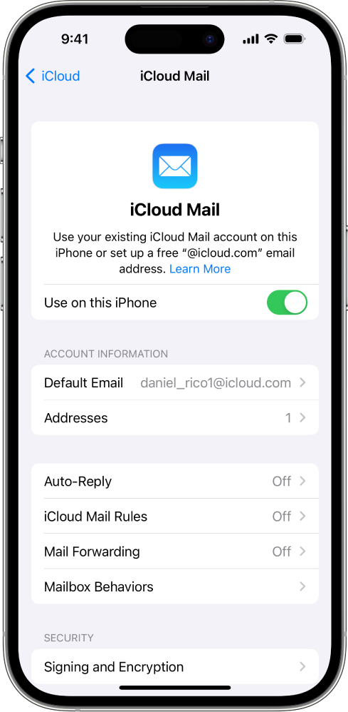 iCloudの設定の「メール」画面。「このiPhoneで使用」がオンになっている。