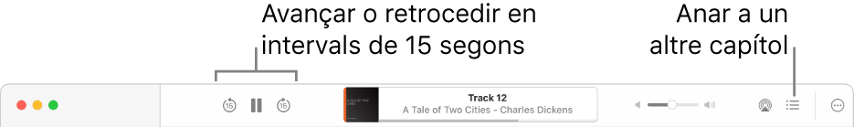 El reproductor d’audiollibres a l’Apple Books que mostra, d’esquerra a dreta, el botó “Velocitat de reproducció”, els botons “Avançar”, “Posar en pausa” i “Retrocedir”, el títol i l’autor de l’audiollibre que s’està reproduint, el regulador de volum i el botó de l’AirPlay, el botó “Taula de contingut” i el botó “Més”.