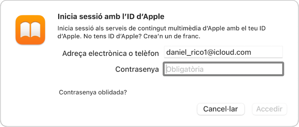 Quadre de diàleg per iniciar la sessió a l’Apple Books amb un ID d’Apple i contrasenya.