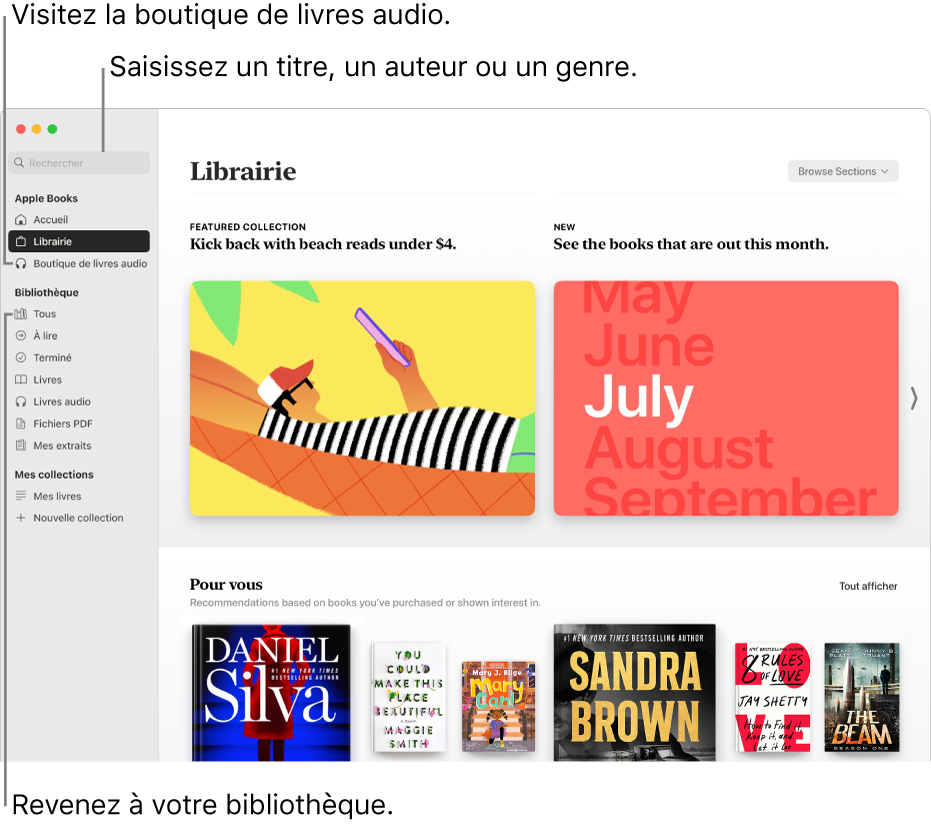 La fenêtre principale de la Librairie. La barre latérale se trouve sur la gauche. Le champ de recherche, que vous pouvez utiliser pour chercher des livres et des livres audio, se trouve dans la partie supérieure de la barre latérale.