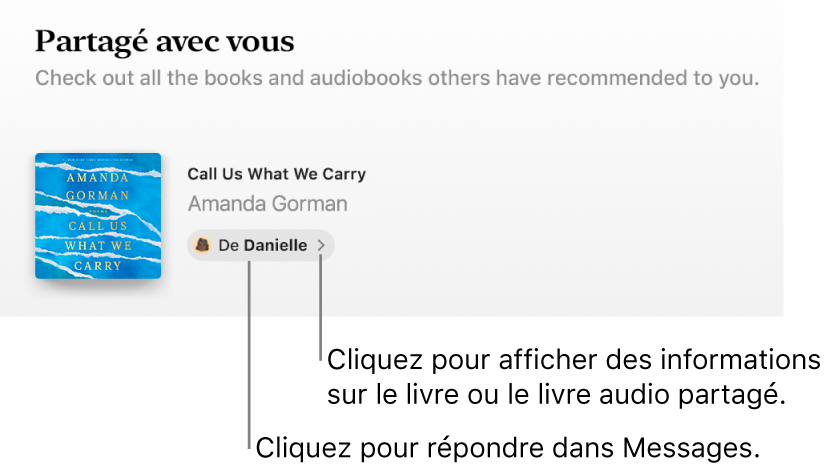 Fenêtre affichant un livre dans la section « Partagé avec vous ».