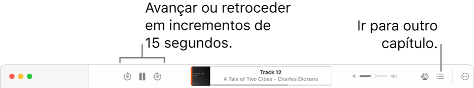 O reprodutor de audiolivros no Apple Books mostrando, da esquerda para a direita, o botão Velocidade de Reprodução, os botões Avançar, Pausar e Retroceder, o título e autor do audiolivro em reprodução, o controle de volume, o botão AirPlay, o botão Índice e o botão Mais.