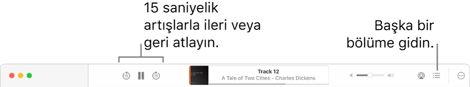 Kitaplar’da, soldan sağa doğru Çalma Hızı düğmesini, İleri Atla, Duraklat ve Geri Atla düğmelerini, o anda çalan sesli kitabın adını ve yazarını, Ses Yüksekliği sürgüsünü, AirPlay düğmesini, İçindekiler düğmesini ve Daha Fazla düğmesini gösteren sesli kitap çalar.