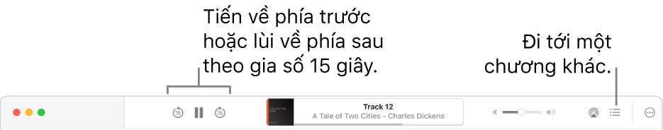 Trình phát sách nói trong Sách đang hiển thị, từ trái sang phải, nút Tốc độ phát lại, các nút Tiến về phía trước, Tạm dừng và Lùi về phía sau, tiêu đề và tác giả của sách nói hiện đang phát, thanh trượt Âm lượng, nút AirPlay, nút Bảng mục lục và nút Thêm.