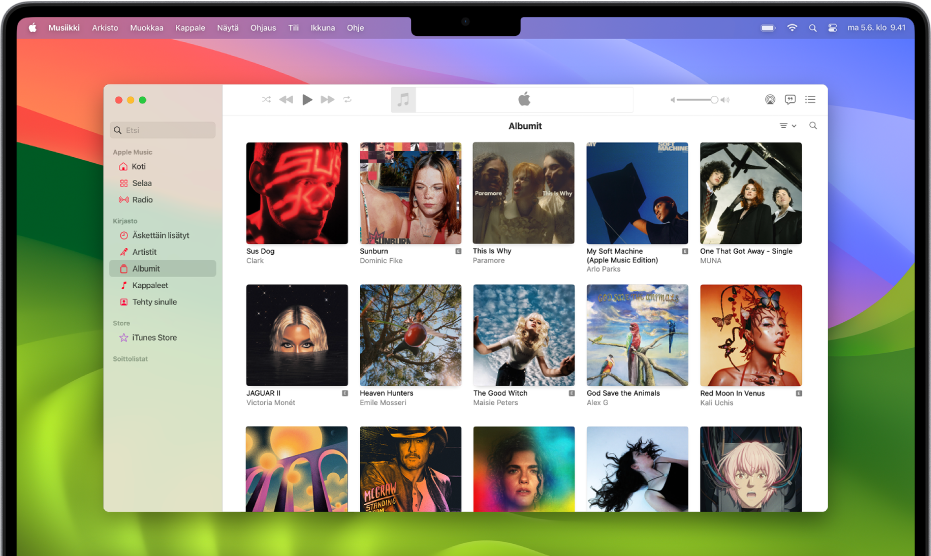 Apple Music -ikkuna, jossa on albumeja sisältävä kirjasto.