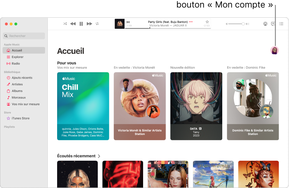 La fenêtre Apple Music montrant l’écran d’accueil. Le bouton « Mon compte » (qui ressemble à une photo ou à un monogramme) se trouve dans le coin supérieur droit de la fenêtre.