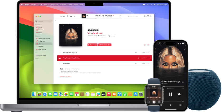 Uma música a ser reproduzida num Mac, iPhone e Apple Watch com um HomePod.