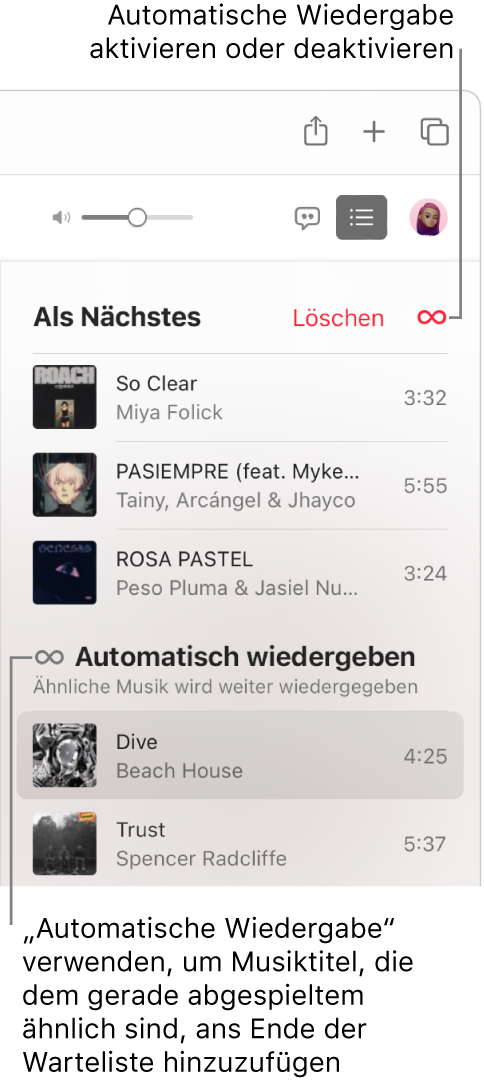 Die Liste „Als Nächstes“ Klicke auf die Taste „Automatisch wiedergeben“, um sie zu aktivieren oder deaktivieren. Wenn „Automatisch wiedergeben“ aktiviert ist, werden am Ende der Liste ähnliche Titel hinzugefügt.