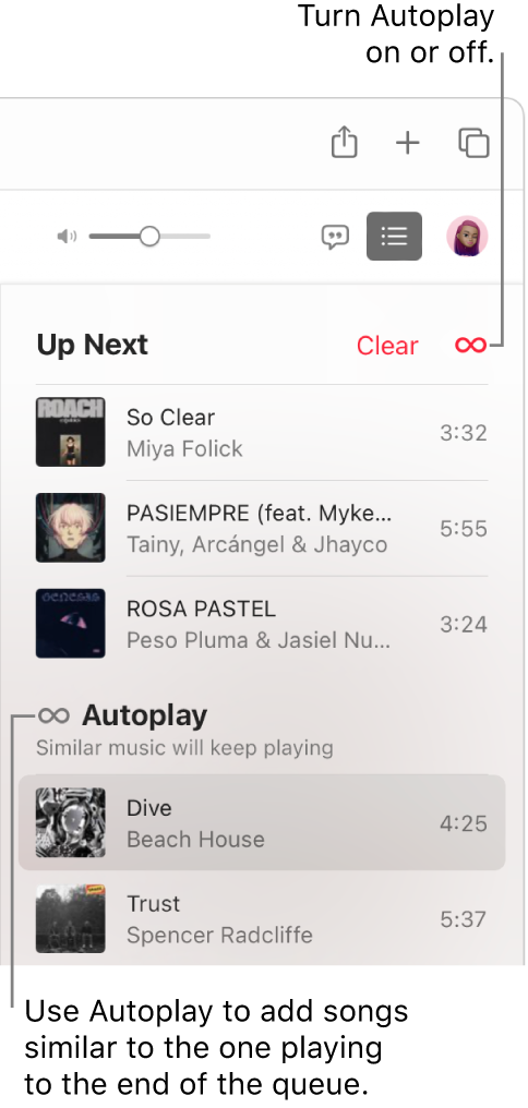 The Up Next queue. Click the Autoplay button to turn it on or off. When Autoplay is on, similar songs are added to the end of the queue.