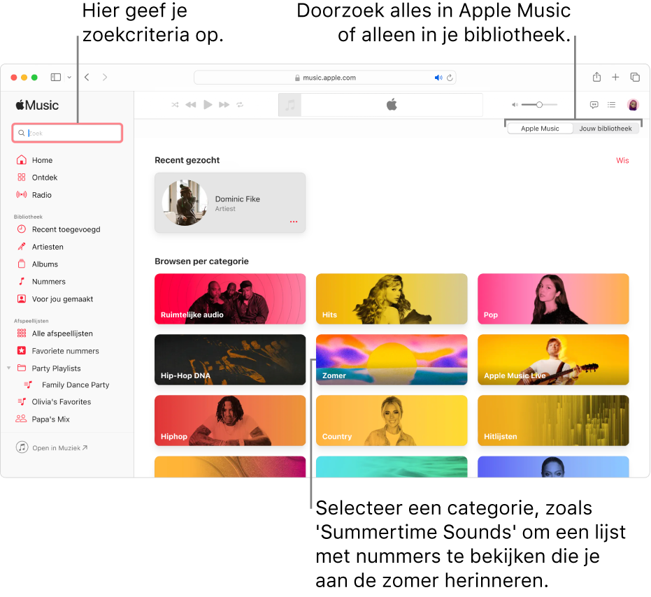 Het Apple Music-venster met het zoekveld linksbovenin, de lijst met categorieën in het midden van het venster en 'Apple Music' en 'Jouw bibliotheek' rechtsbovenin. Voer zoekcriteria in het zoekveld in en geef aan of je in heel Apple Music of alleen in je eigen bibliotheek wilt zoeken. Je kunt ook een categorie selecteren, zoals 'Summertime Sounds' om een lijst met nummers te bekijken die je aan de zomer herinneren.