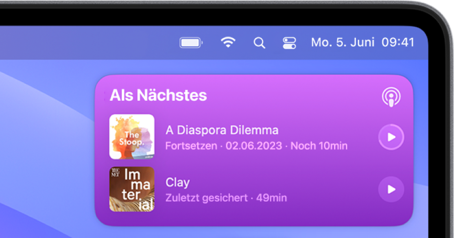 Die rechte obere Ecke des Mac-Schreibtischs mit einem Widgets mit zwei anstehenden Folgen.