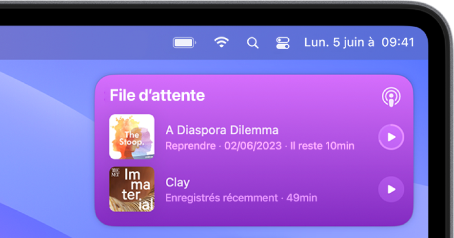 Le coin supérieur droit du bureau Mac affichant un widget avec deux épisodes à venir.