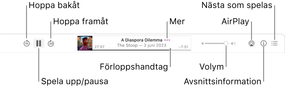 Överkanten av Podcaster-fönstret som visar ett avsnitt som spelas upp och uppspelningsreglagen: Hoppa bakåt, pausa, hoppa framåt, förloppshandtaget, mer, volym, AirPlay, avsnittsanteckningar och nästa som spelas.