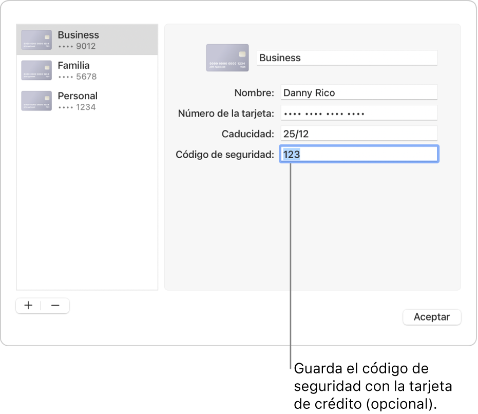 Una tarjeta de crédito con campos para introducir el nombre, el número de la tarjeta, la fecha de caducidad y el código de seguridad.