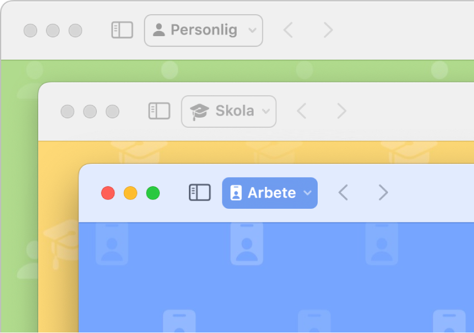 Tre Safari-profilfönster: ett personligt, ett för skolan och ett för arbetet.