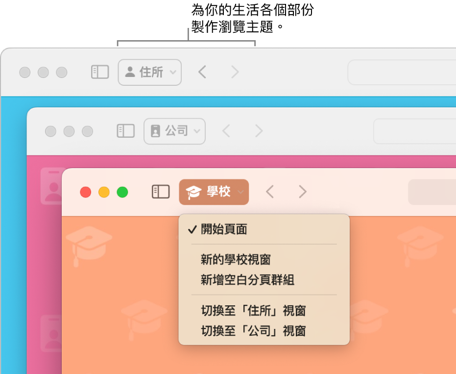 三個 Safari 瀏覽主題視窗：各有一個用於家居、工作和學校。