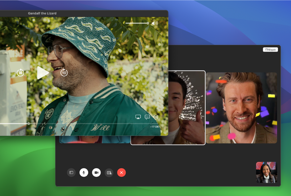 Το παράθυρο προβολής Apple TV με το παράθυρο της εφαρμογής FaceTime από πίσω.