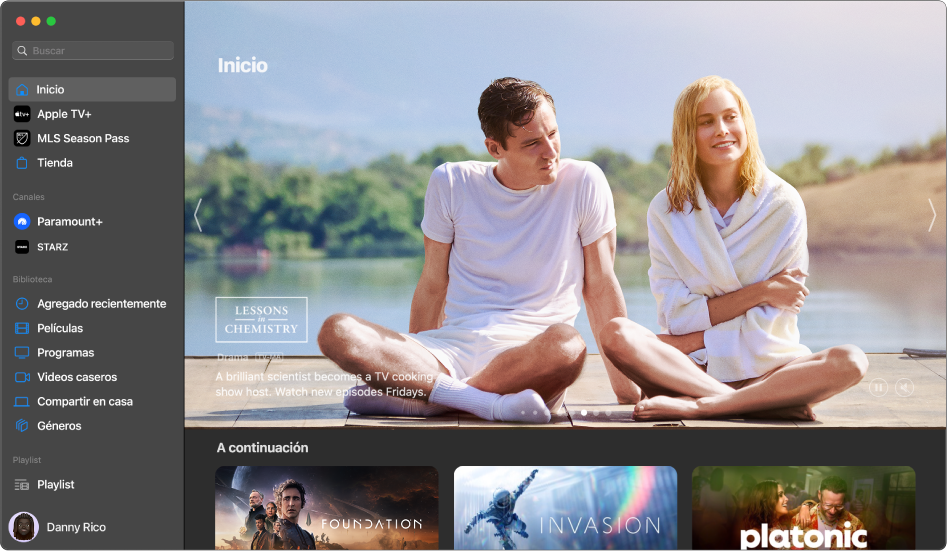 La app Apple TV mostrando la ventana Inicio.