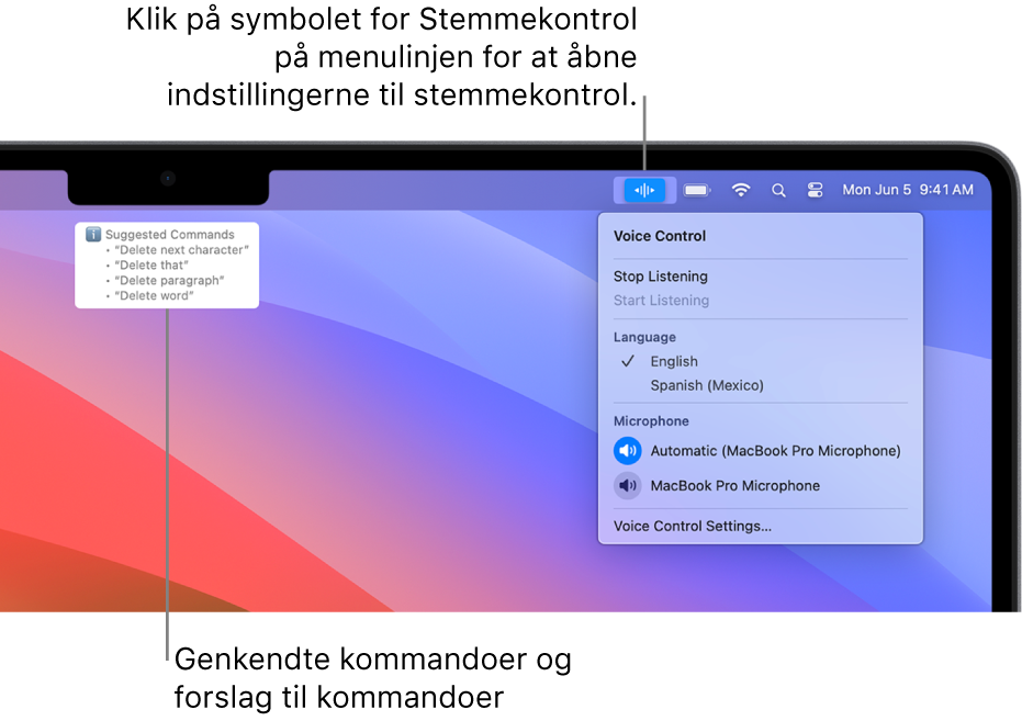 Vinduet med feedback til Stemmekontrol med forslag til kommandoer til tekst, f.eks. “Slet det” eller “Klik på Slet”, vist over vinduet.