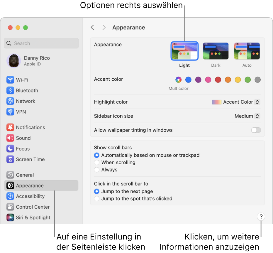 Das Fenster der Systemeinstellungen mit den Einstellungen für „Erscheinungsbild“ in der Seitenleiste und den Optionen für das Erscheinungsbild auf der rechten Seite.