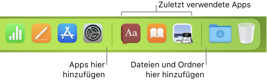 Am rechten Ende des Docks sind die Trennlinien vor und nach dem Abschnitt mit den zuletzt verwendeten Apps zu sehen.