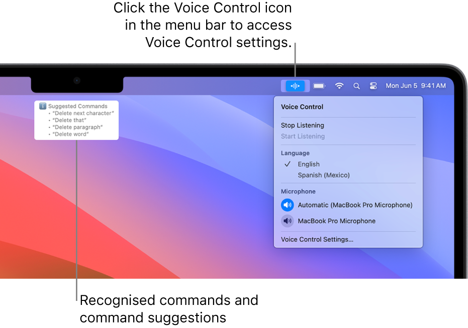 The Voice Control feedback window with suggested text commands, such as “Delete that” or “Click Delete”, displayed above it.