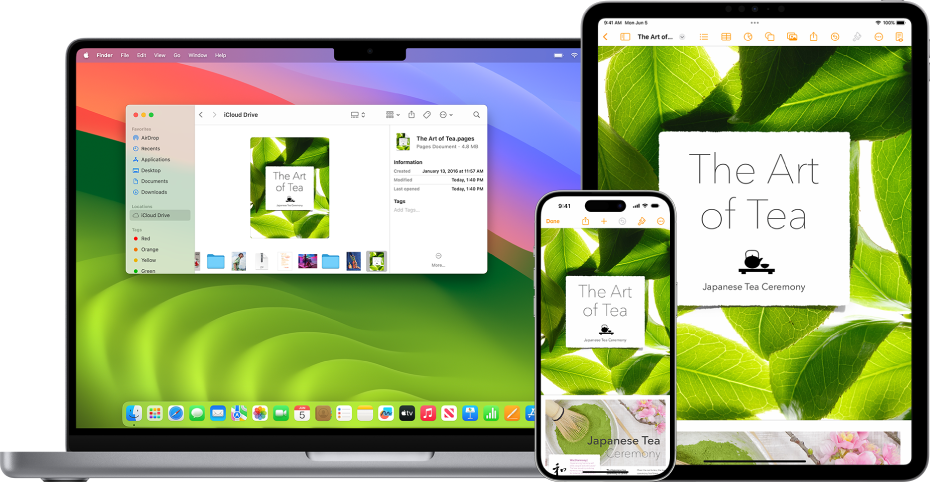 The same Pages document appears in iCloud Drive in a Finder window on a Mac and in the Pages app on an iPhone and iPad.