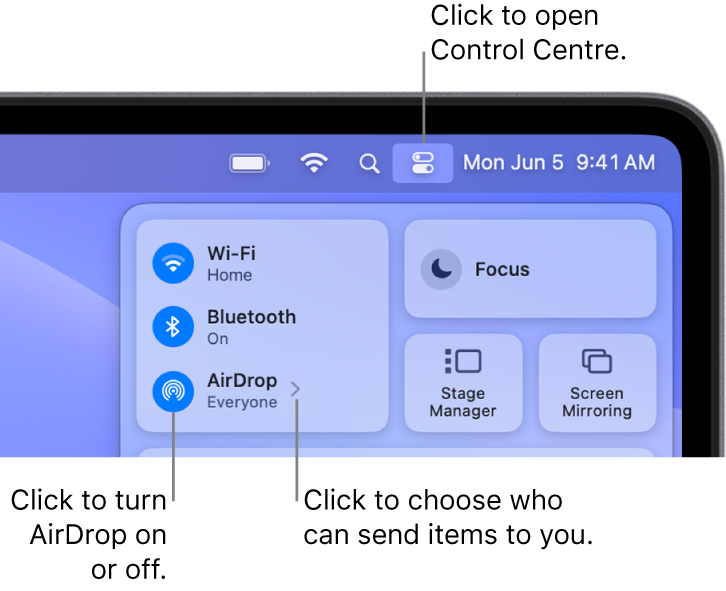 A Control Centre window showing the controls to turn AirDrop on or off and choose who can send items to you.