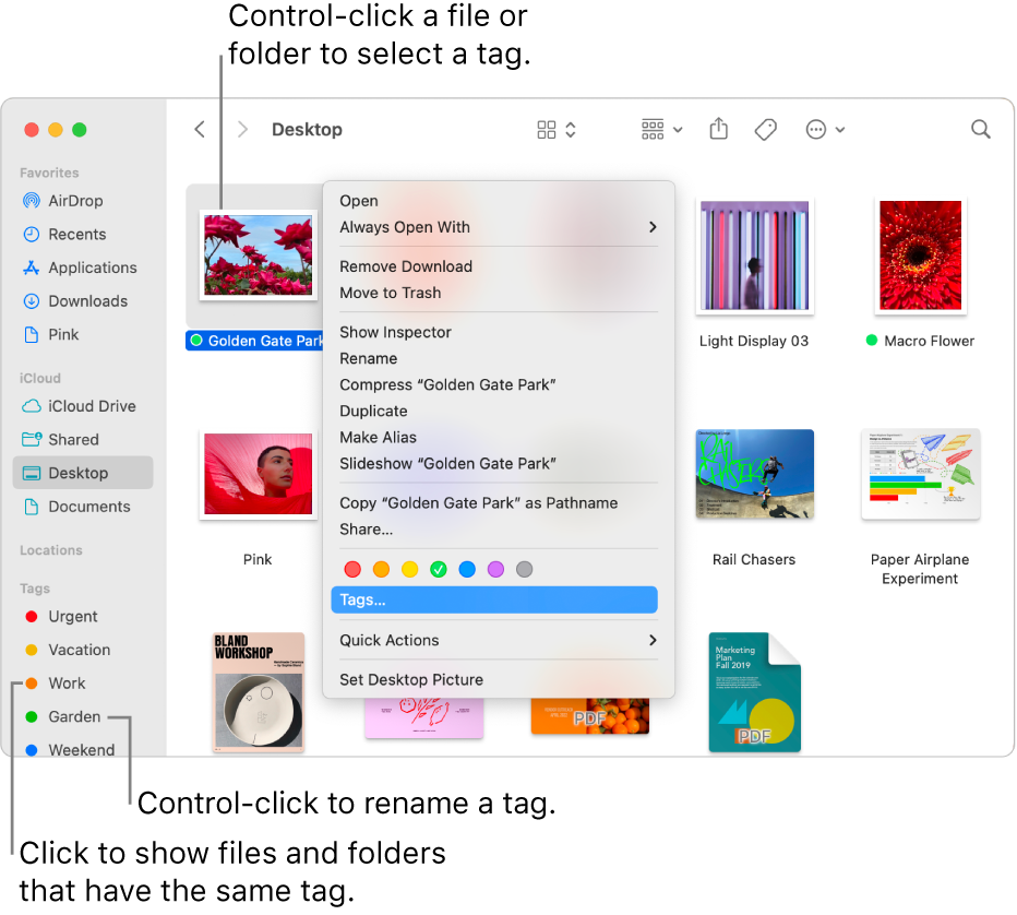 A Finder window containing tagged files and folders, with a file selected. In the shortcut menu, there are color choices for tags, and Tags is highlighted.