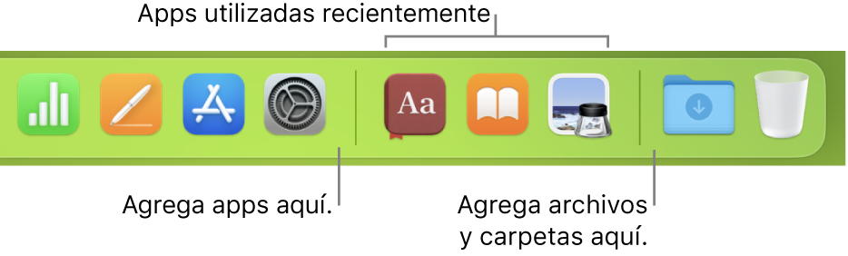 En el lado derecho del Dock se muestran las líneas divisoras antes y después de la sección de apps utilizadas recientemente.