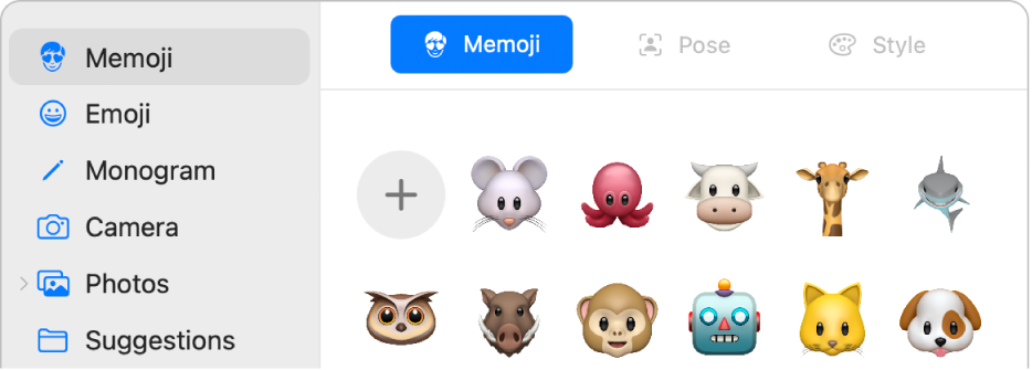 Las opciones de foto del Apple ID con un Memoji seleccionado en la barra lateral y varios Memojis mostrados.