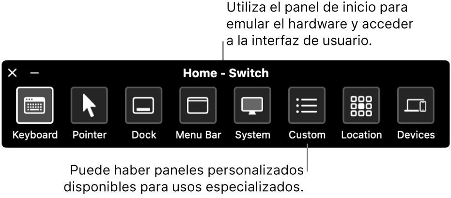 El panel de inicio de “Control por botón” incluye botones para controlar (de izquierda a derecha) el teclado, el puntero, el Dock, la barra de menús, los controles del sistema, los paneles personalizados, la ubicación de la pantalla y otros dispositivos.